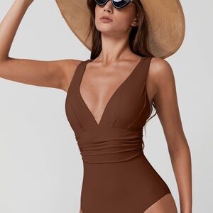 Qinsen Sexy V Neck Brown Halter One-Piece Cross Back High Waist Swimsuit